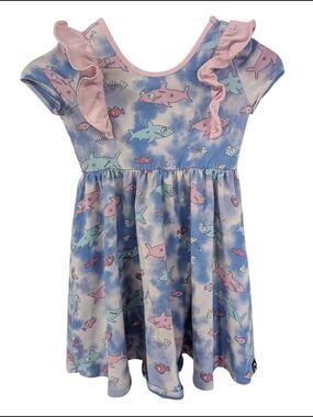 Rags To Raches Pastel Shark Print Ruffle Sleeve Dress - Pink & Blue